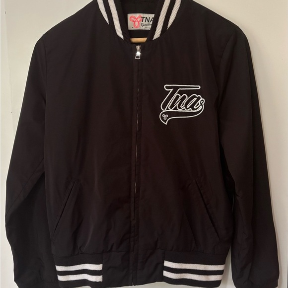 TNA Jackets & Blazers - TNA| Aritzia| Black & White Striped Hem Varsity Bomber Jacket Sz M